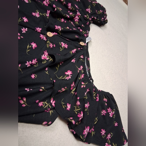 French TWIST Floral Button-Down Blouse Tie In Front - Black and Pink - Picture 4 of 5